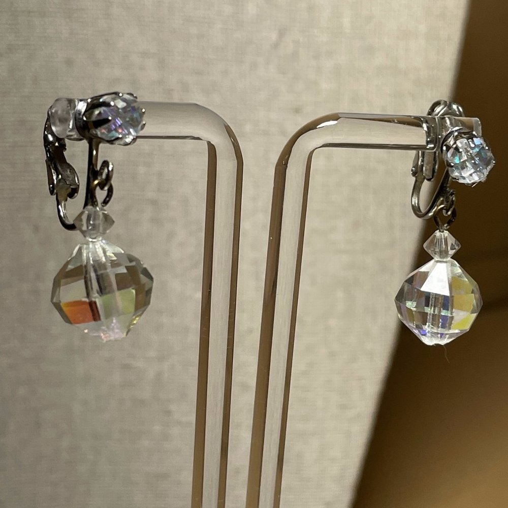 Beautiful Vintage Faceted Crystal AB Clip On Dangle Earrings